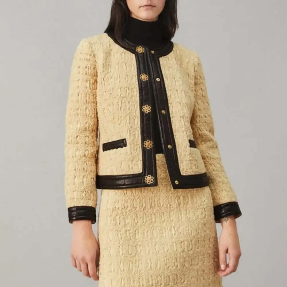 Tory Burch Cropped Boxy Tweed Wool Blend Blazer Jacket Size 0 Dark Natural Ivory